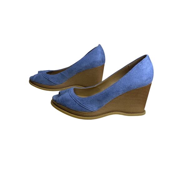 Lower East Side Vintage 90s Denim Blue Suede Platform Peep-Toe Wedges -Size 7 - Picture 4 of 8